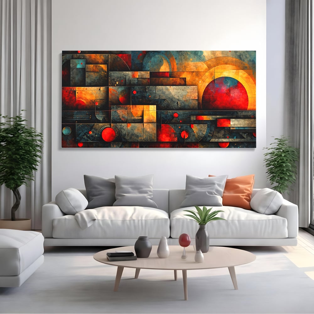 Tablou canvas cu tablou canvas cu forme geometrice abstracte, fara rama, pe sasiu de lemn, pe perete intr-un living